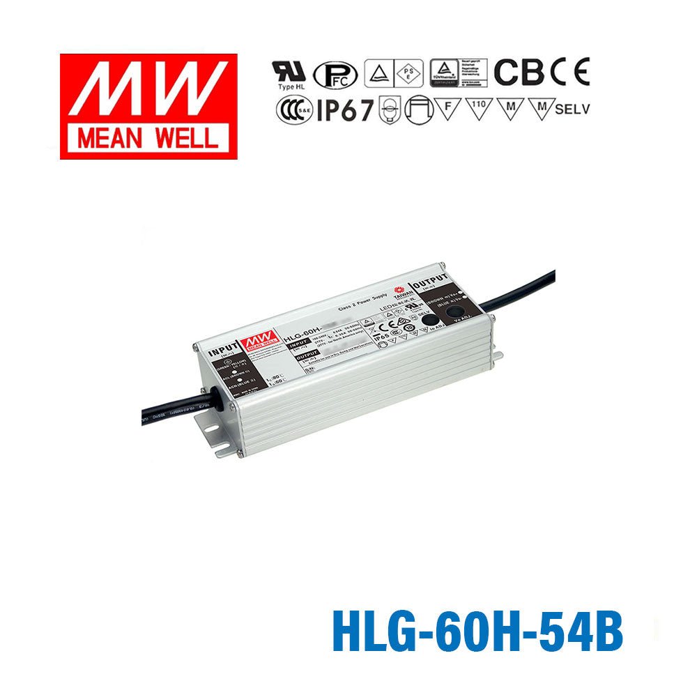 Mean Well HLG-60H-54B Power Supply 60W 54V - Dimmable 1.15A - HLG-60H-54B - powersupplymall.com