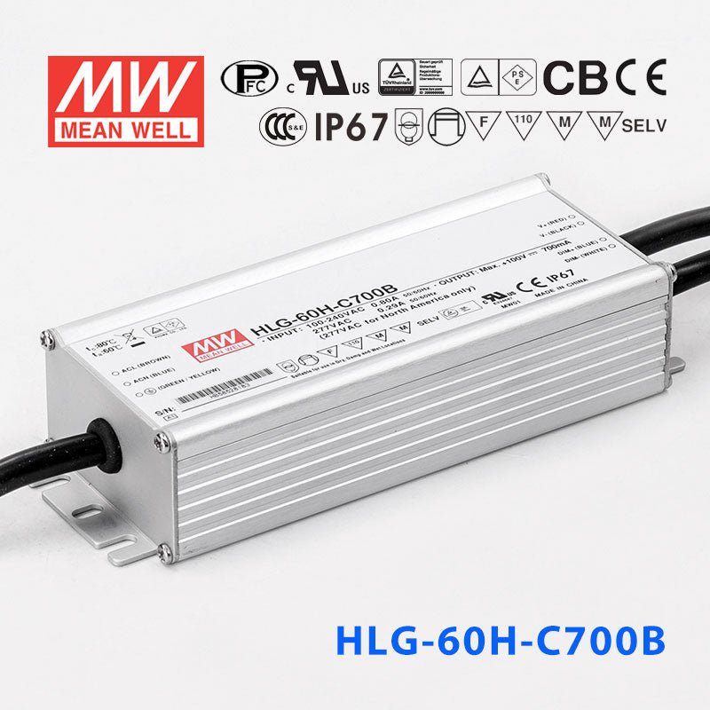Mean Well HLG - 60H - C700AB Power Supply 70W 700mA - Adjustable and Dimmable - HLG - 60H - C700AB - powersupplymall.com