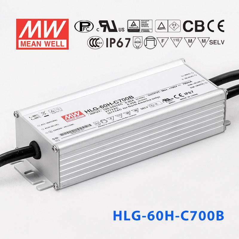 Mean Well HLG - 60H - C700B Power Supply 70W 700mA - Dimmable - HLG - 60H - C700B - powersupplymall.com