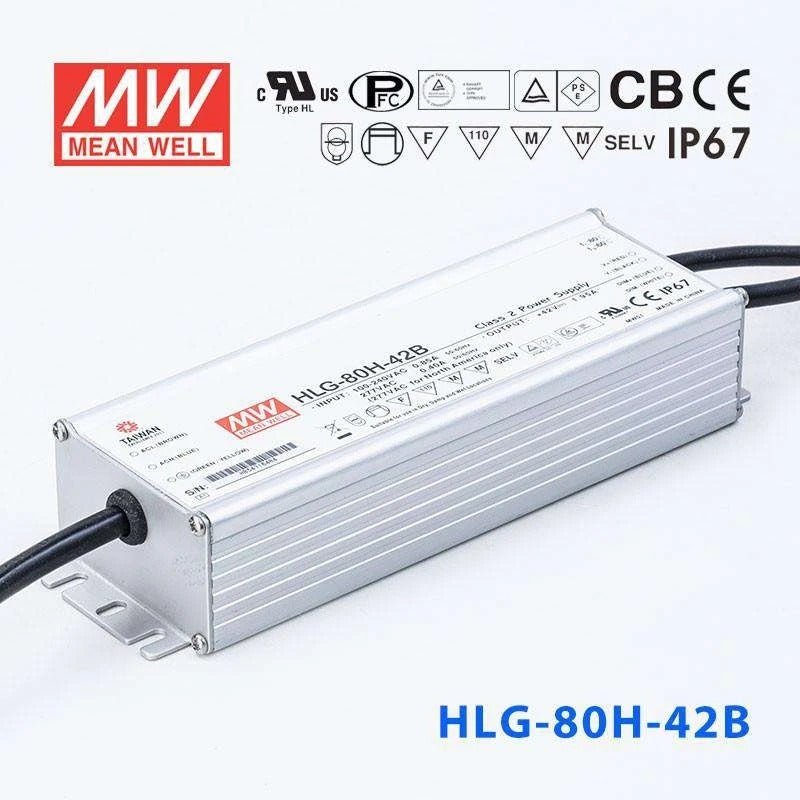 Mean Well HLG-80H-42B Power Supply 80W 42V - Dimmable 1.95A - HLG-80H-42B - powersupplymall.com