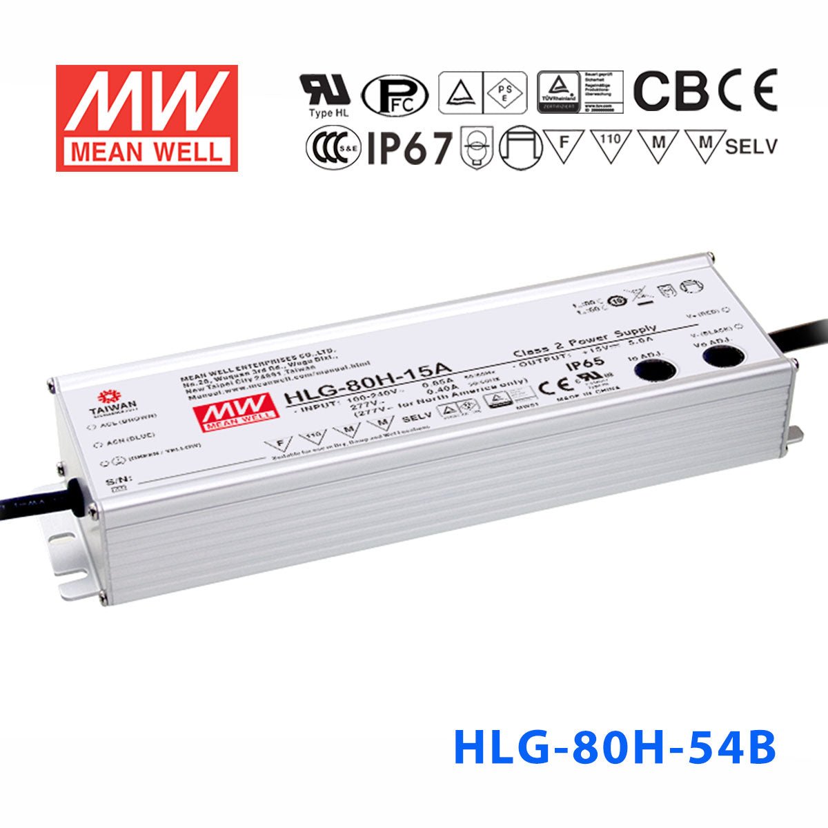 Mean Well HLG-80H-54AB Power Supply 80W 54V - Adjustable and Dimmable 1.5A - HLG-80H-54AB - powersupplymall.com
