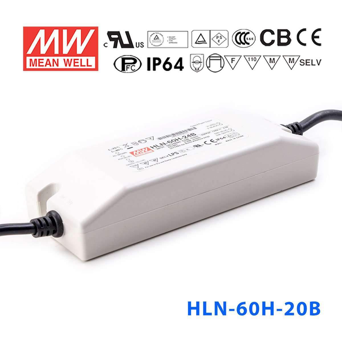 Mean Well HLN - 60H - 20B Power Supply 60W 20V - IP64, Dimmable - HLN - 60H - 20B - powersupplymall.com