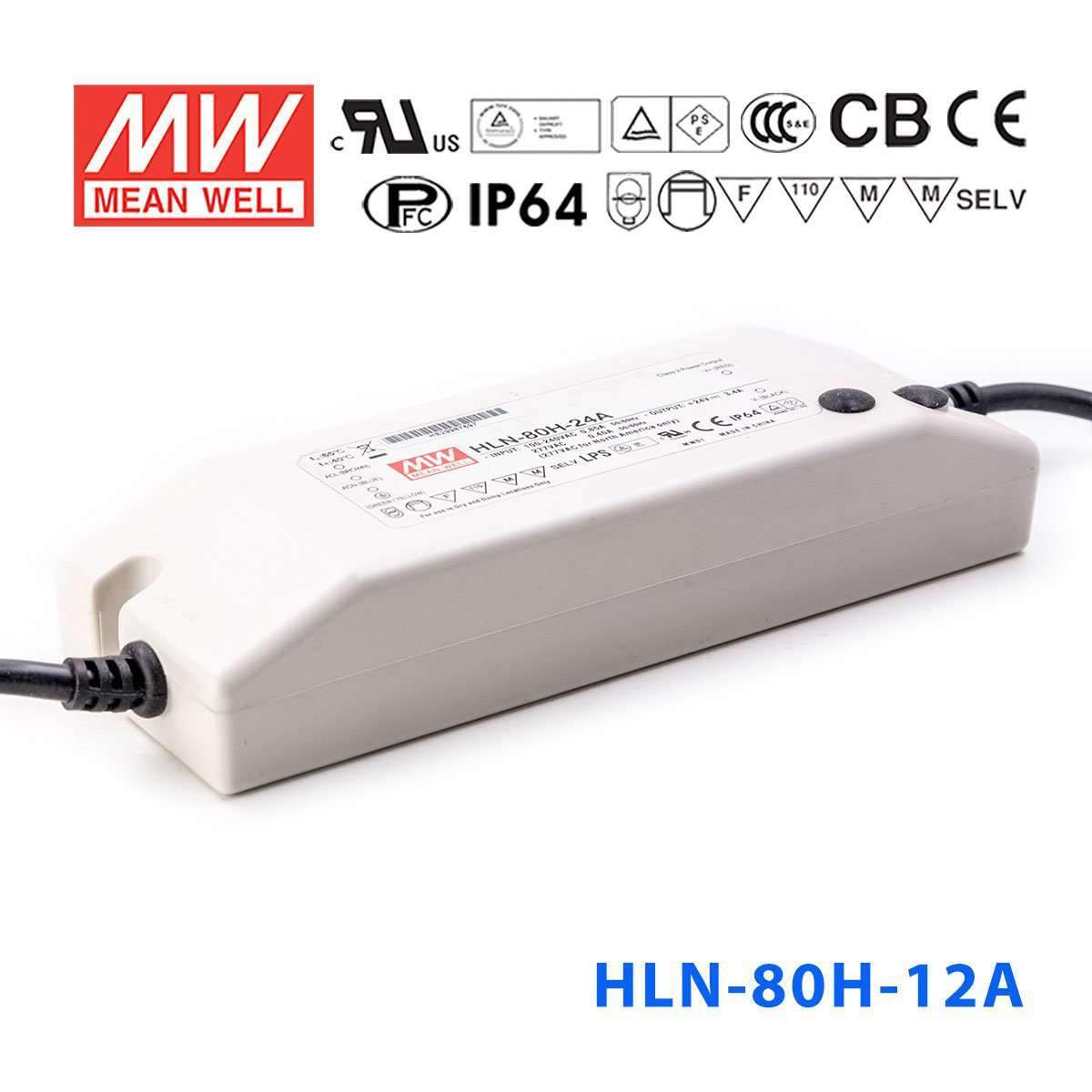 Mean Well HLN-80H-12A Power Supply 60W 12V - IP64, Adjustable 5A - HLN-80H-12A - powersupplymall.com
