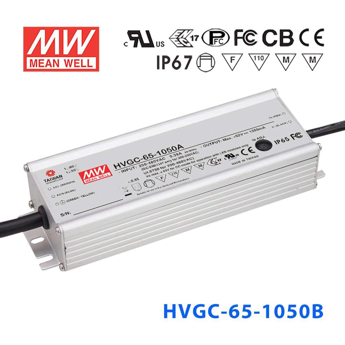 Mean Well HVGC-65-1050B Power Supply 65W 1050mA - Dimmable - HVGC-65-1050B - powersupplymall.com