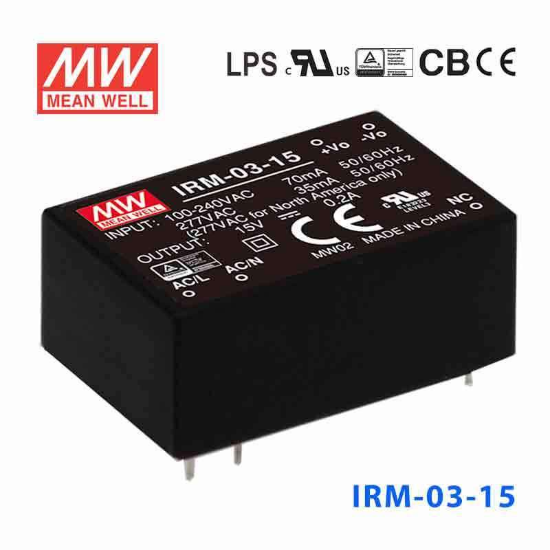 Mean Well IRM - 03 - 15 Switching Power Supply 3W 15V 200mA - Encapsulated - IRM - 03 - 15 - powersupplymall.com