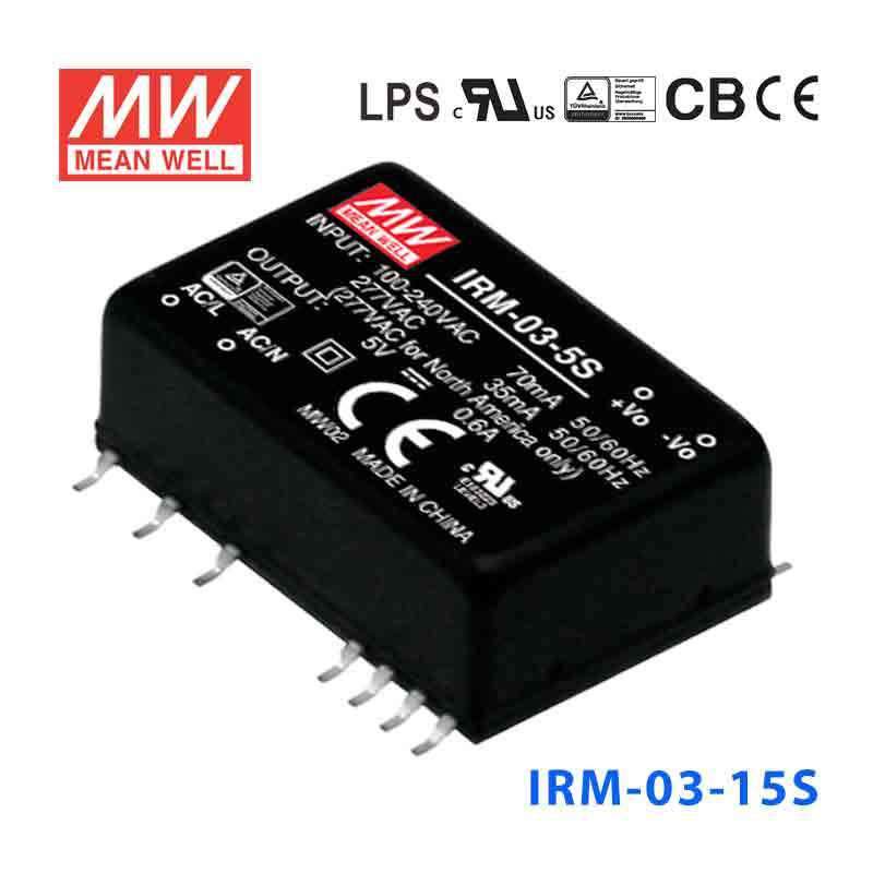 Mean Well IRM - 03 - 15S Switching Power Supply 3W 15V 200mA - Encapsulated - IRM - 03 - 15S - powersupplymall.com