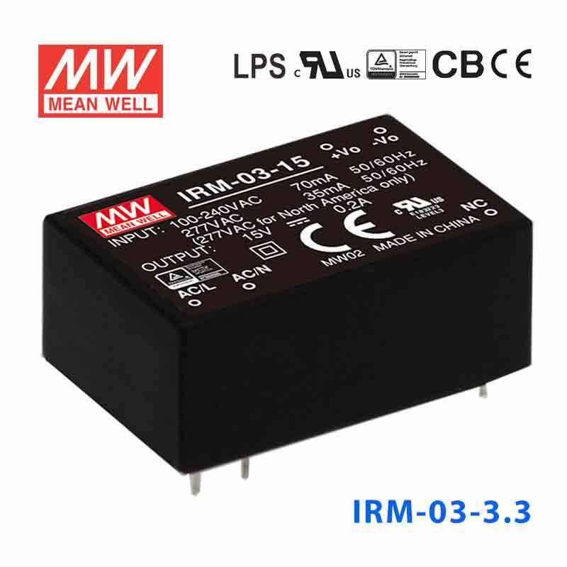 Mean Well IRM - 03 - 3.3 Switching Power Supply 3W 3.3V 900mA - Encapsulated - IRM - 03 - 3.3 - powersupplymall.com