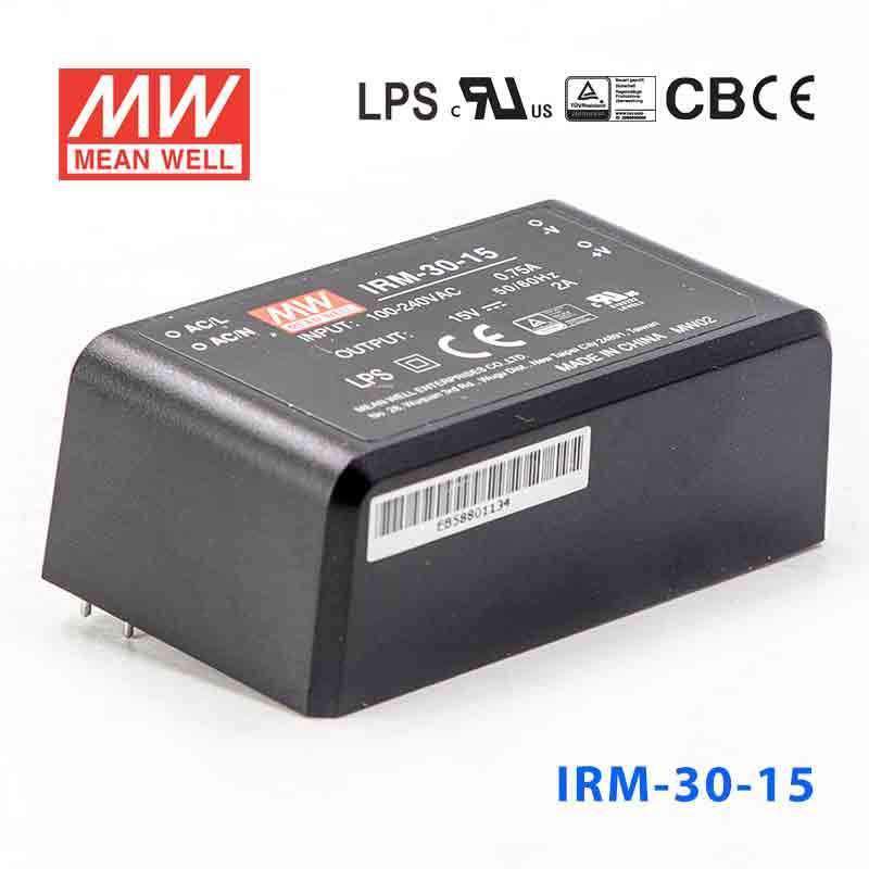 Mean Well IRM - 30 - 15 Switching Power Supply 3W 15V 2A - Encapsulated - IRM - 30 - 15 - powersupplymall.com