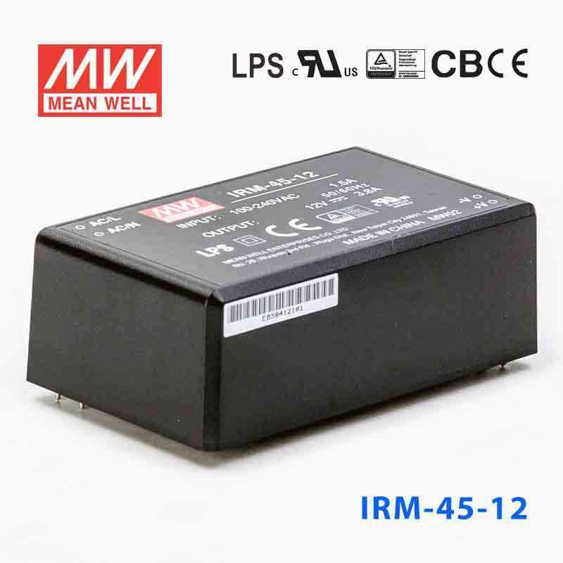 Mean Well IRM - 45 - 12 Switching Power Supply 45.6W 12V 3.8A - Encapsulated - IRM - 45 - 12 - powersupplymall.com
