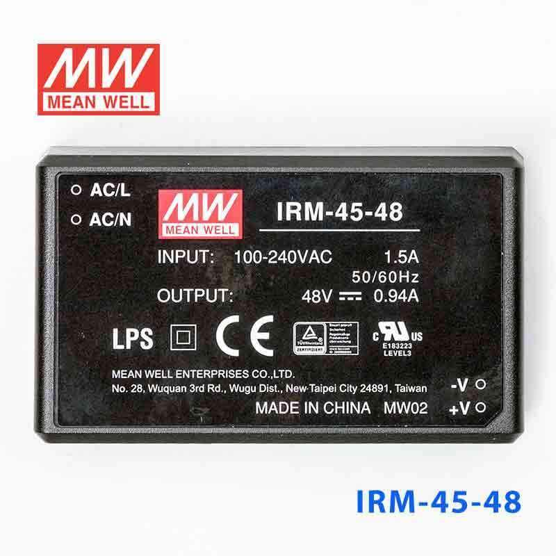 Mean Well IRM - 45 - 48 Switching Power Supply 45.12W 48V 0.94A - Encapsulated - IRM - 45 - 48 - powersupplymall.com