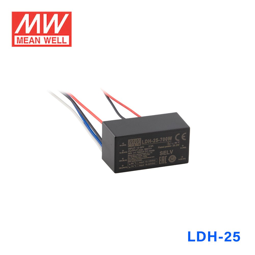 Mean Well LDH DC/DC LED Driver CC 250mA - Step - up - with Wire - LDH - 25 - 250W - powersupplymall.com