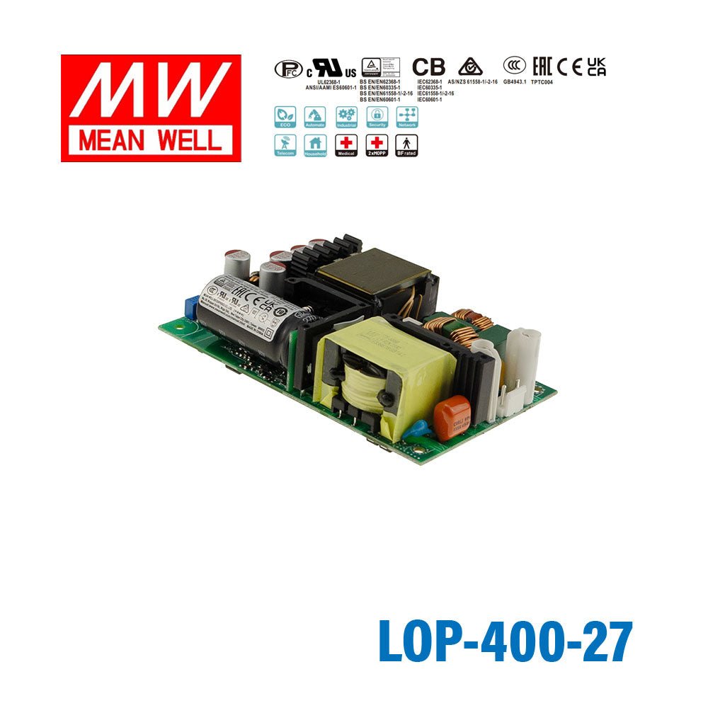 Mean Well LOP - 400 - 27 400W 5"×3" Low Profile Open Frame Power Supply 27V - LOP-400-27 - powersupplymall.com