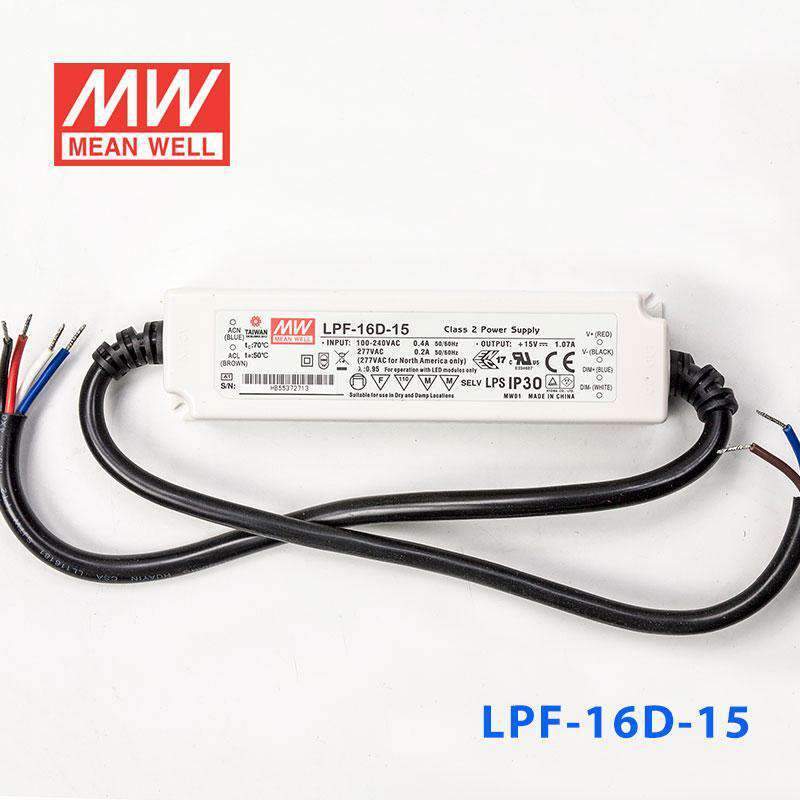 Mean Well LPF - 16D - 15 Power Supply 16W 15V - Dimmable - LPF - 16D - 15 - powersupplymall.com