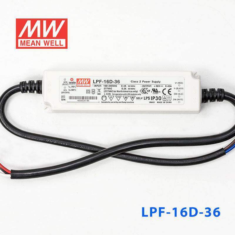 Mean Well LPF-16D-36 Power Supply 16W 36V - Dimmable 450mA - LPF-16D-36 - powersupplymall.com