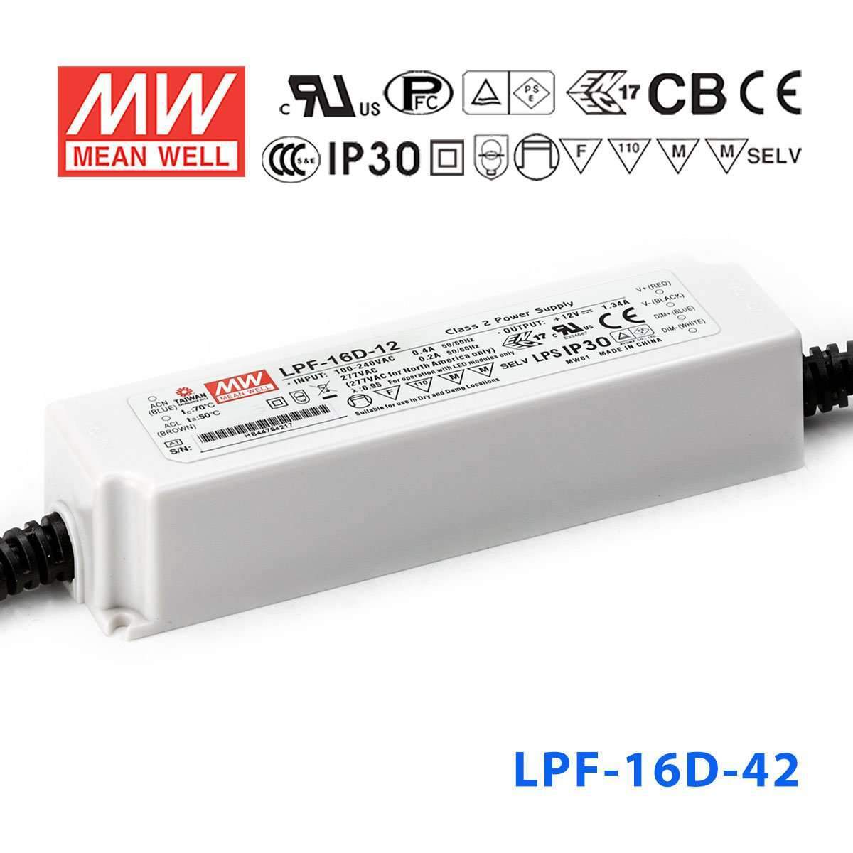 Mean Well LPF - 16D - 42 Power Supply 16W 42V - Dimmable - LPF-16D-42 - powersupplymall.com