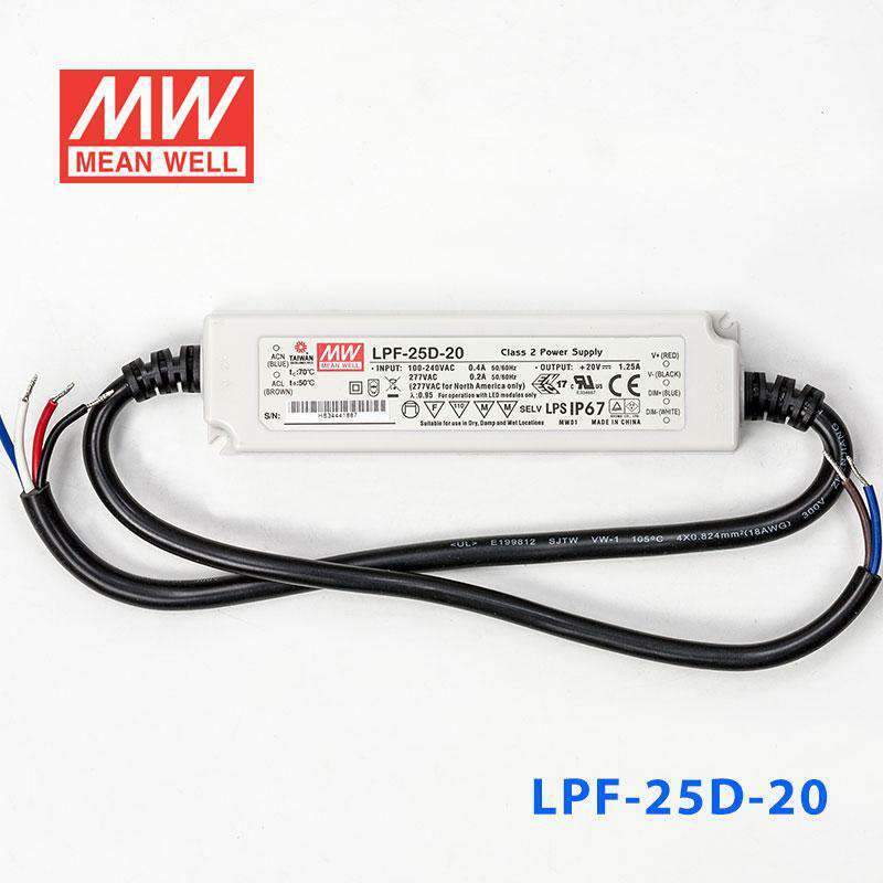 Mean Well LPF-25D-20 Power Supply 25W 20V - Dimmable 1.25A - LPF-25D-20 - powersupplymall.com