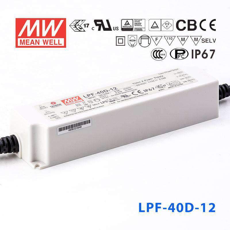 Mean Well LPF-40D-12 Power Supply 40W 12V - Dimmable 3.34A - LPF-40D-12 - powersupplymall.com