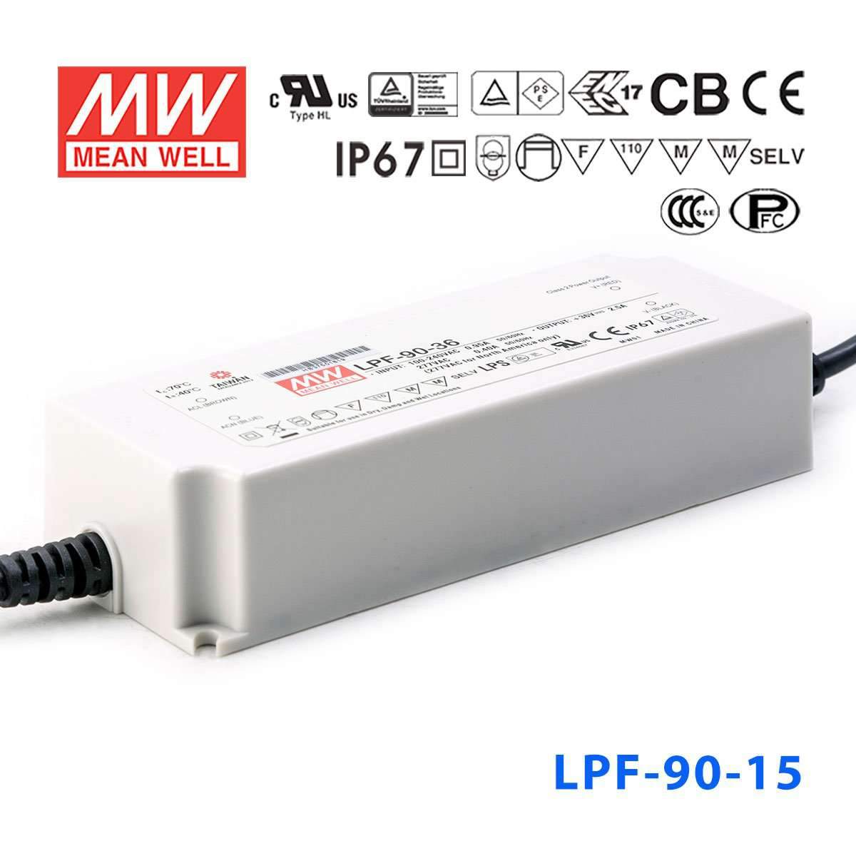 Mean Well LPF - 90 - 15 Power Supply 75W 15V - LPF - 90 - 15 - powersupplymall.com