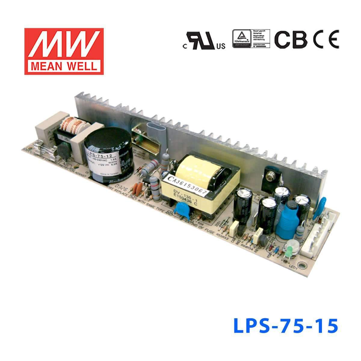 Mean Well LPS - 75 - 15 Power Supply 75W 15V - LPS - 75 - 15 - powersupplymall.com