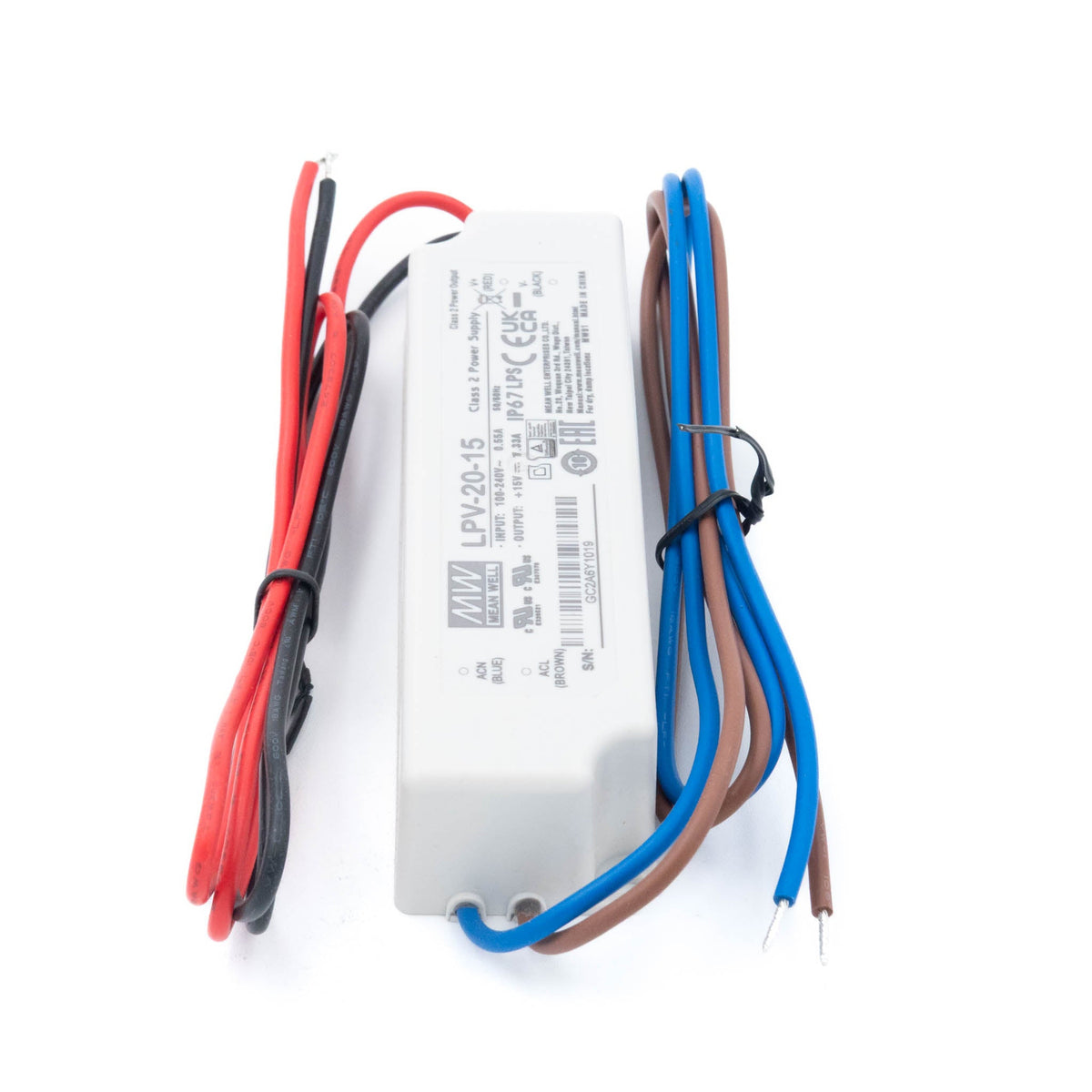 Mean Well LPV-20-15 LED Driver — 20W 15V 1.33A IP67 Waterproof - LPV-20-15 - powersupplymall.com