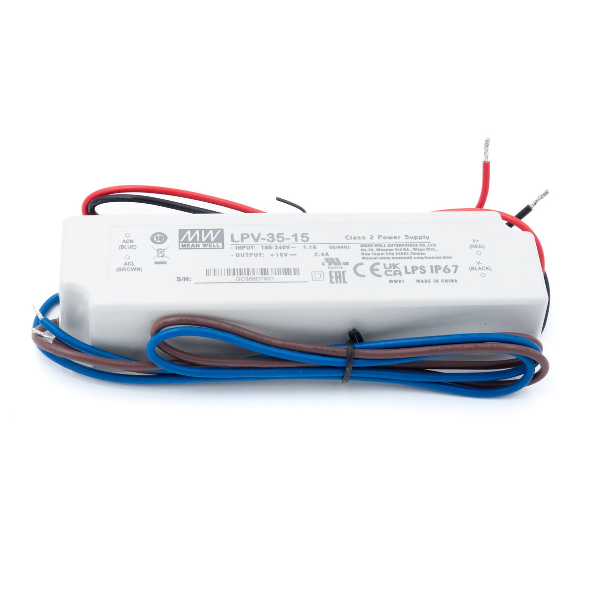 Mean Well LPV-35-15 LED Driver — 36W 15V 2.4A IP67 Waterproof - LPV-35-15 - powersupplymall.com