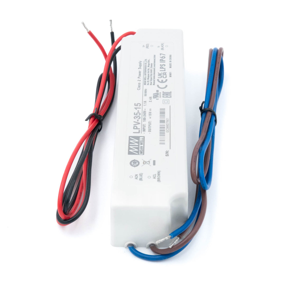 Mean Well LPV-35-15 LED Driver — 36W 15V 2.4A IP67 Waterproof - LPV-35-15 - powersupplymall.com