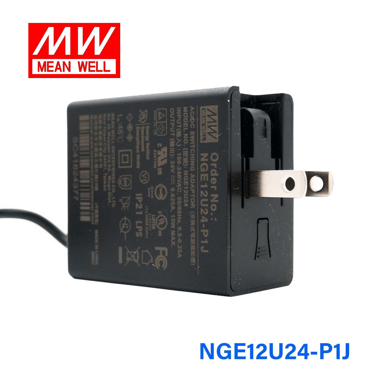 Mean Well NGE12U24 - P1J AC - DC Wall - mounted Green Adaptor - US Plug - 12W 24V 0.625A - NGE12U24 - P1J - powersupplymall.com