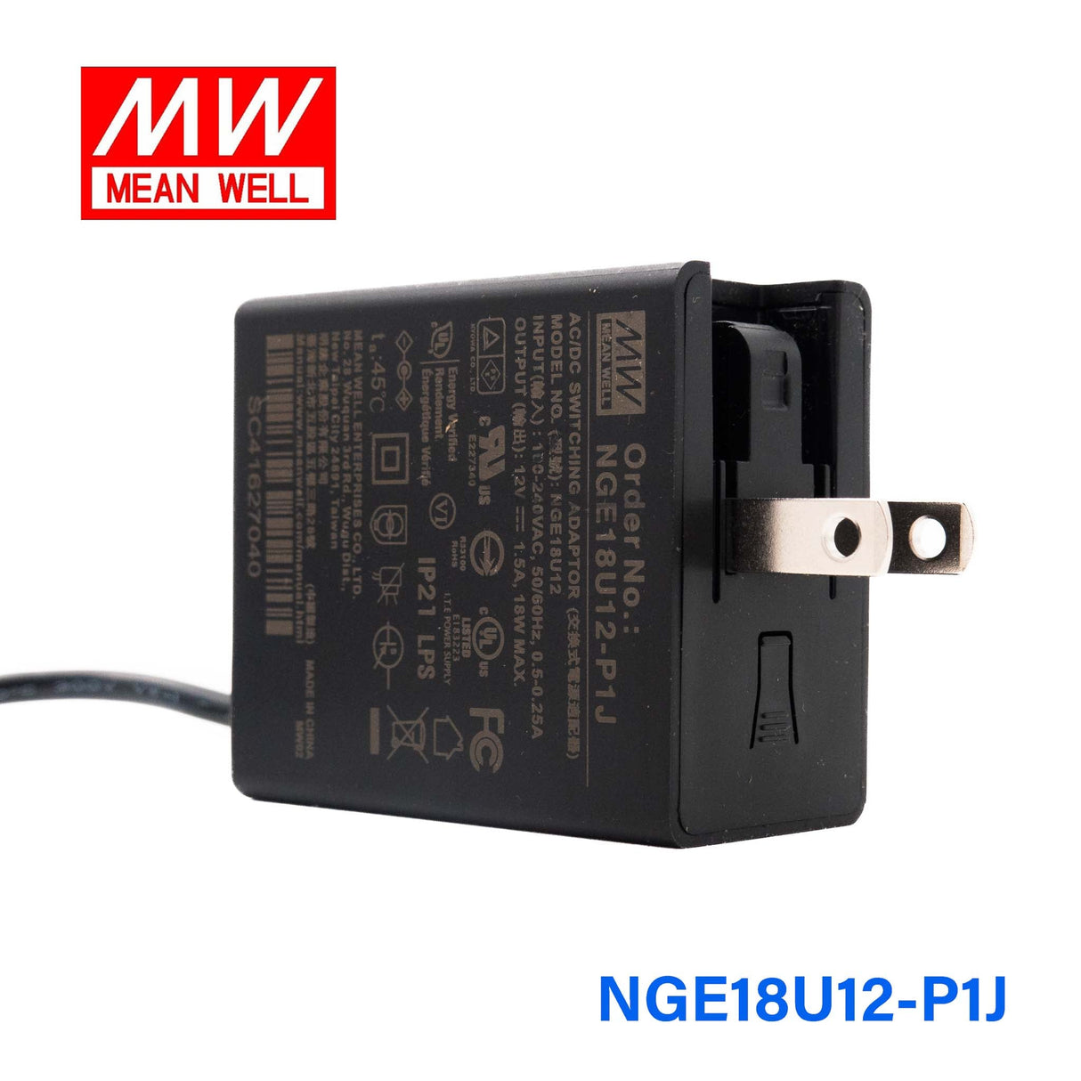 Mean Well NGE18U12-P1J AC-DC Wall-mounted Green Adaptor - US Plug - 18W 12V 1.5A - NGE18U12-P1J - powersupplymall.com