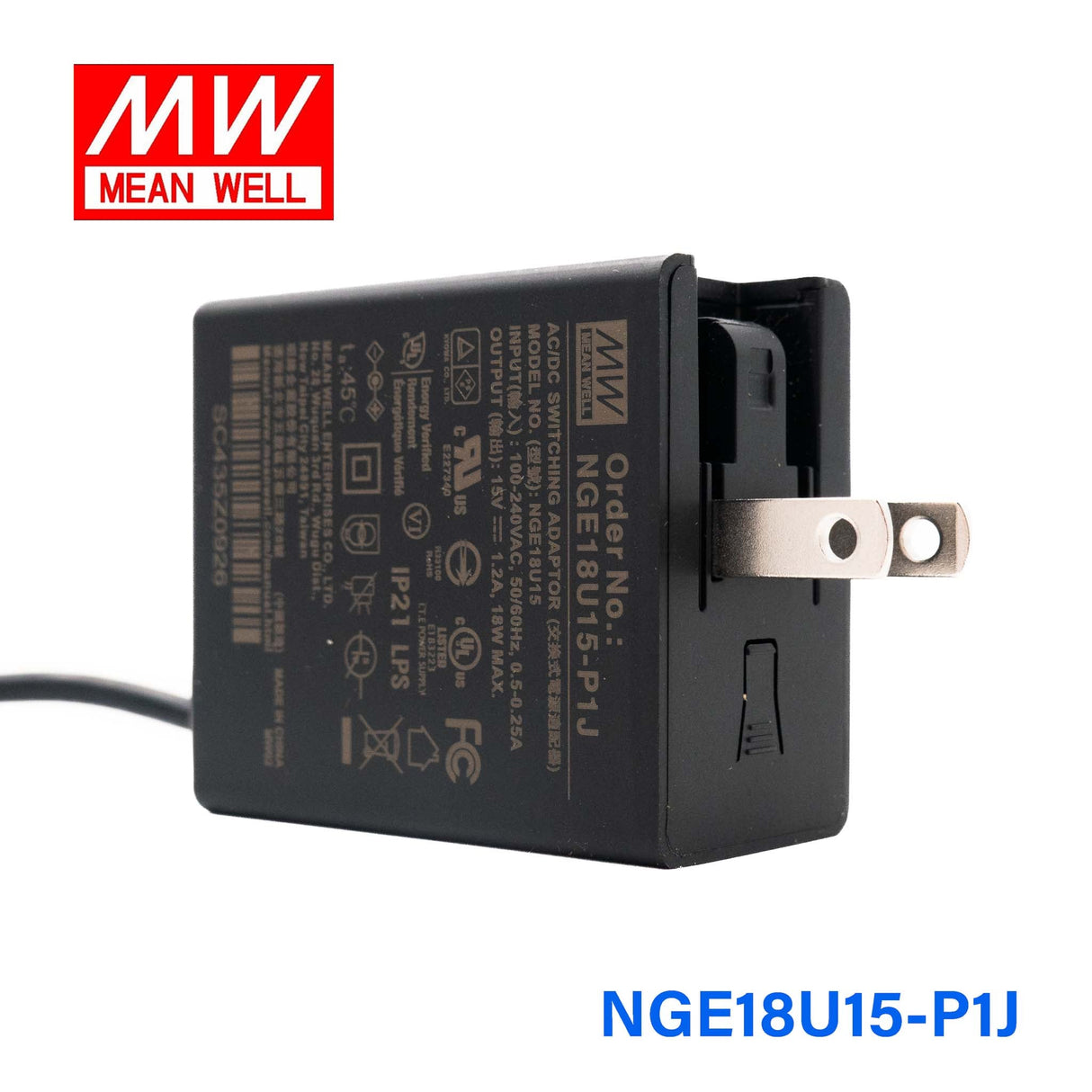 Mean Well NGE18U15 - P1J AC - DC Wall - mounted Green Adaptor - US Plug - 18W 15V 1.2A - NGE18U15 - P1J - powersupplymall.com