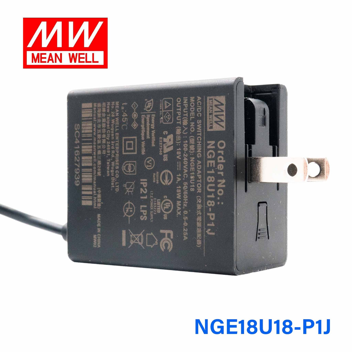 Mean Well NGE18U18 - P1J AC - DC Wall - mounted Green Adaptor - US Plug - 18W 18V 1A - NGE18U18 - P1J - powersupplymall.com