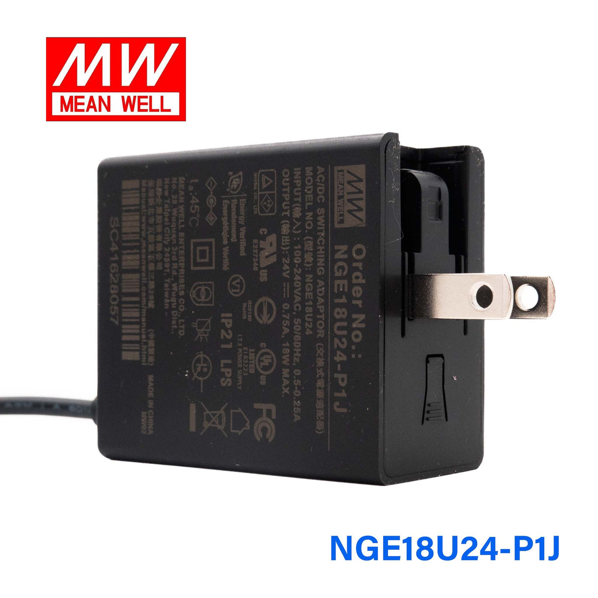 Mean Well NGE18U24 - P1J AC - DC Wall - mounted Green Adaptor - US Plug - 18W 24V 0.75A - NGE18U24-P1J - powersupplymall.com