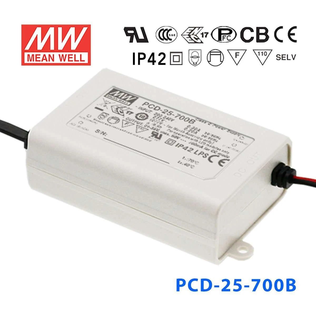 Mean Well PCD - 25 - 700B Power Supply 25W 700mA - PCD - 25 - 700B - powersupplymall.com