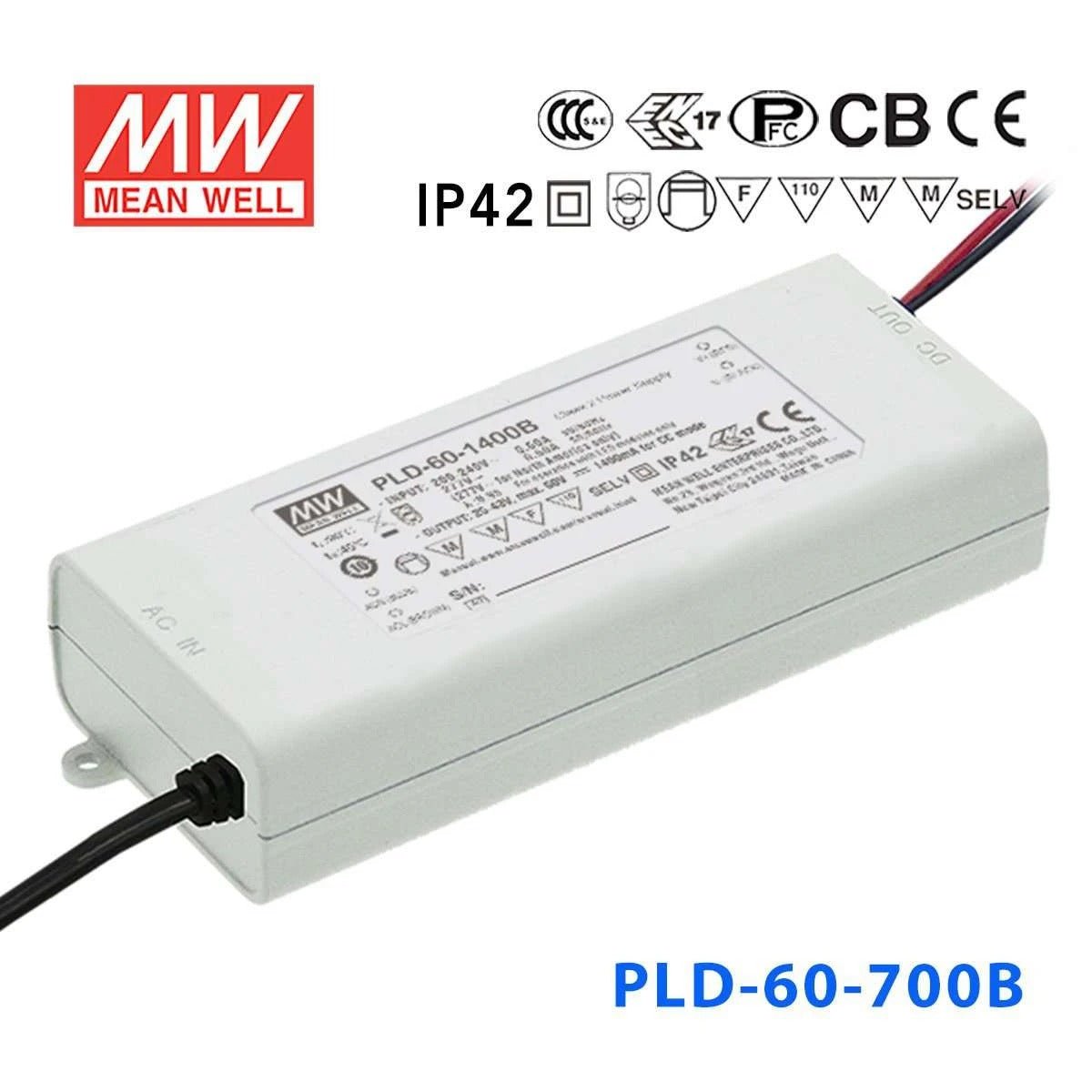 Mean Well PLD - 60 - 700B Power Supply 60W 700mA - PLD - 60 - 700B - powersupplymall.com
