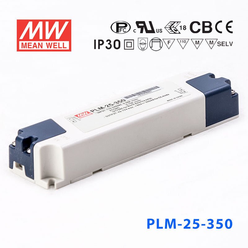 Mean Well PLM - 25 - 350, 350mA Constant Current with PFC - Terminal Block - PLM - 25 - 350 - powersupplymall.com