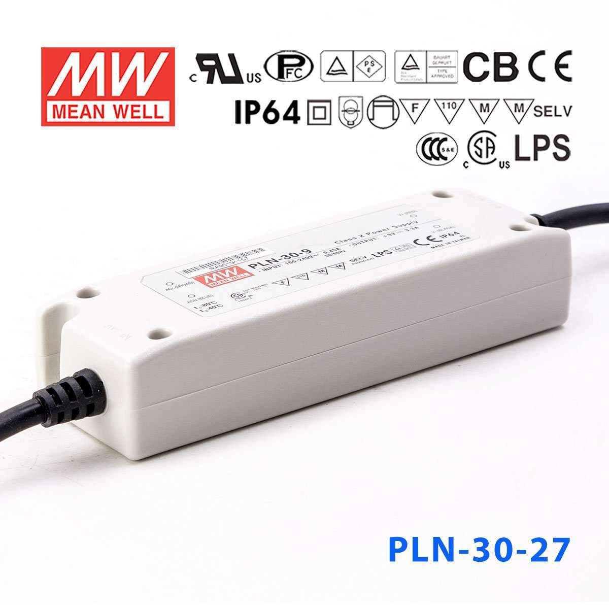 Mean Well PLN - 30 - 27 Power Supply 30W 27V - IP64 - PLN - 30 - 27 - powersupplymall.com