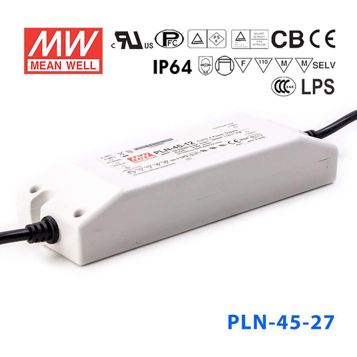 Mean Well PLN-45-27 Power Supply 45W 27V - IP64 1.7A - PLN-45-27 - powersupplymall.com