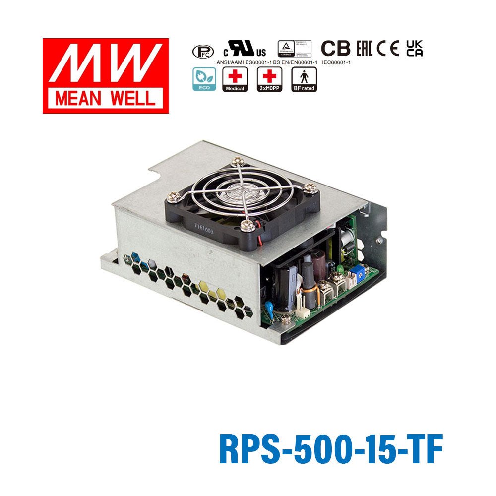 Mean Well RPS - 500 - 15 - TF Green Power Supply W 15V 33.3A - Medical Power Supply - RPS-500-15-TF - powersupplymall.com