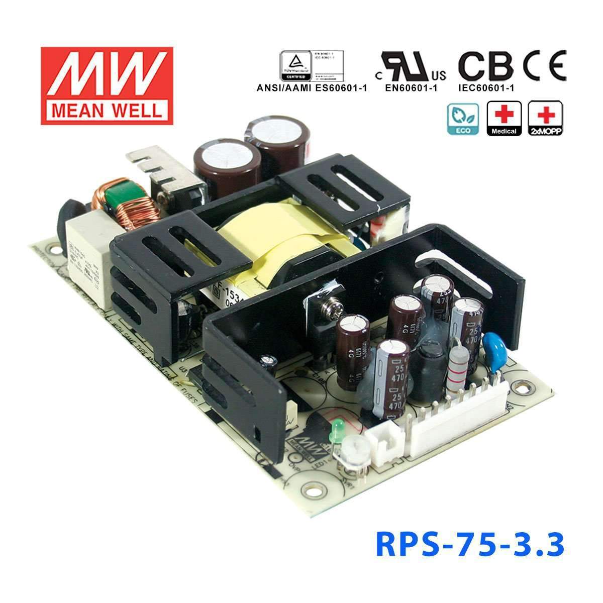 Mean Well RPS - 75 - 3.3 Green Power Supply W 3.3V 15A - Medical Power Supply - RPS - 75 - 3.3 - powersupplymall.com