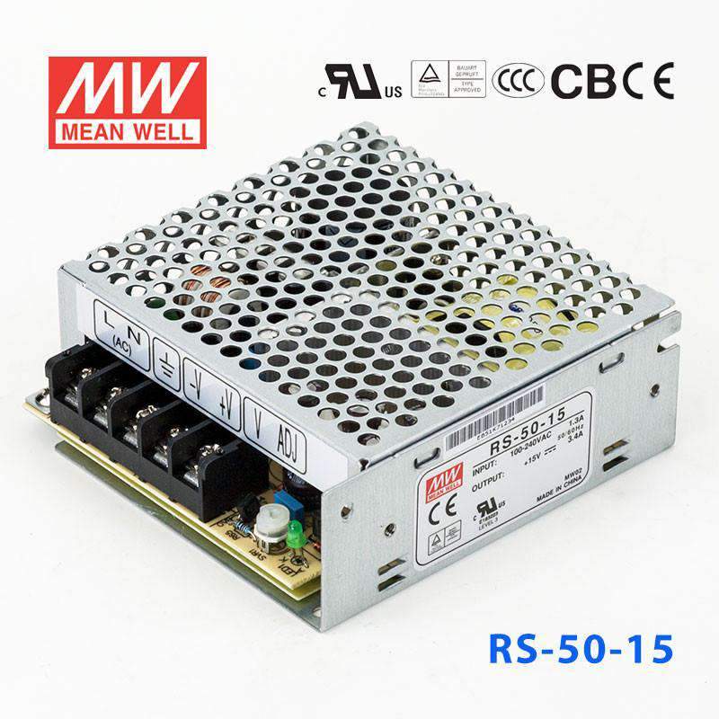 Mean Well RS - 50 - 15 Power Supply 50W 15V - RS - 50 - 15 - powersupplymall.com