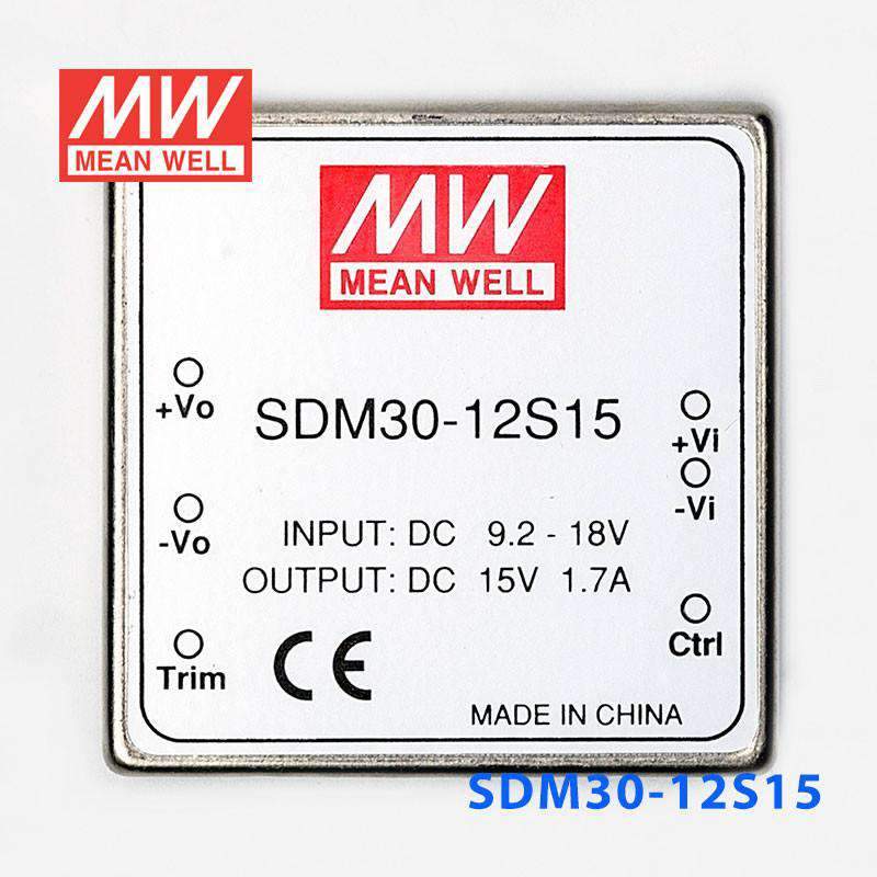 Mean Well SDM30 - 12S15 DC - DC Converter - 25.5W - 9.2~18V in 15V out - SDM30 - 12S15 - powersupplymall.com