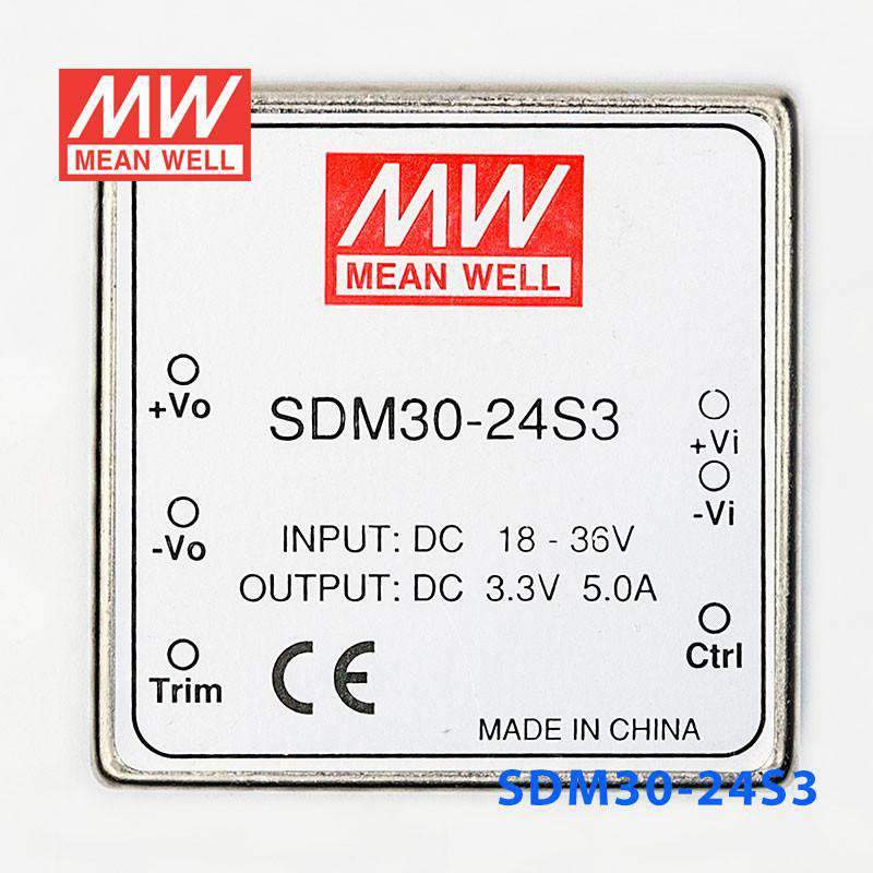 Mean Well SDM30-24S3 DC-DC Converter - 16.5W - 18~36V in 3.3V out 5A - SDM30-24S3 - powersupplymall.com