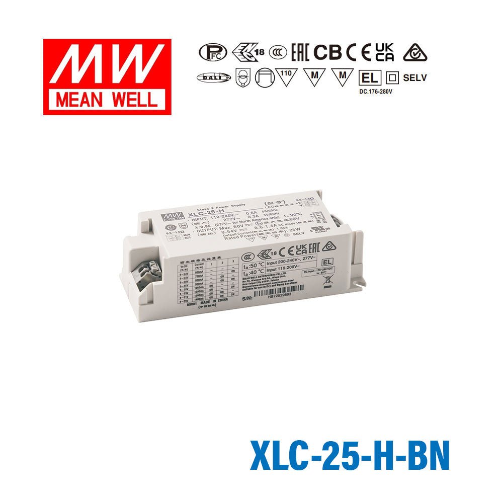 Mean Well XLC - 25 - H - BN LED Driver 25W 700mA 9~54V Constant Power, 3 in 1 Dimming, NFC Current Setting - XLC-25-H-BN - powersupplymall.com