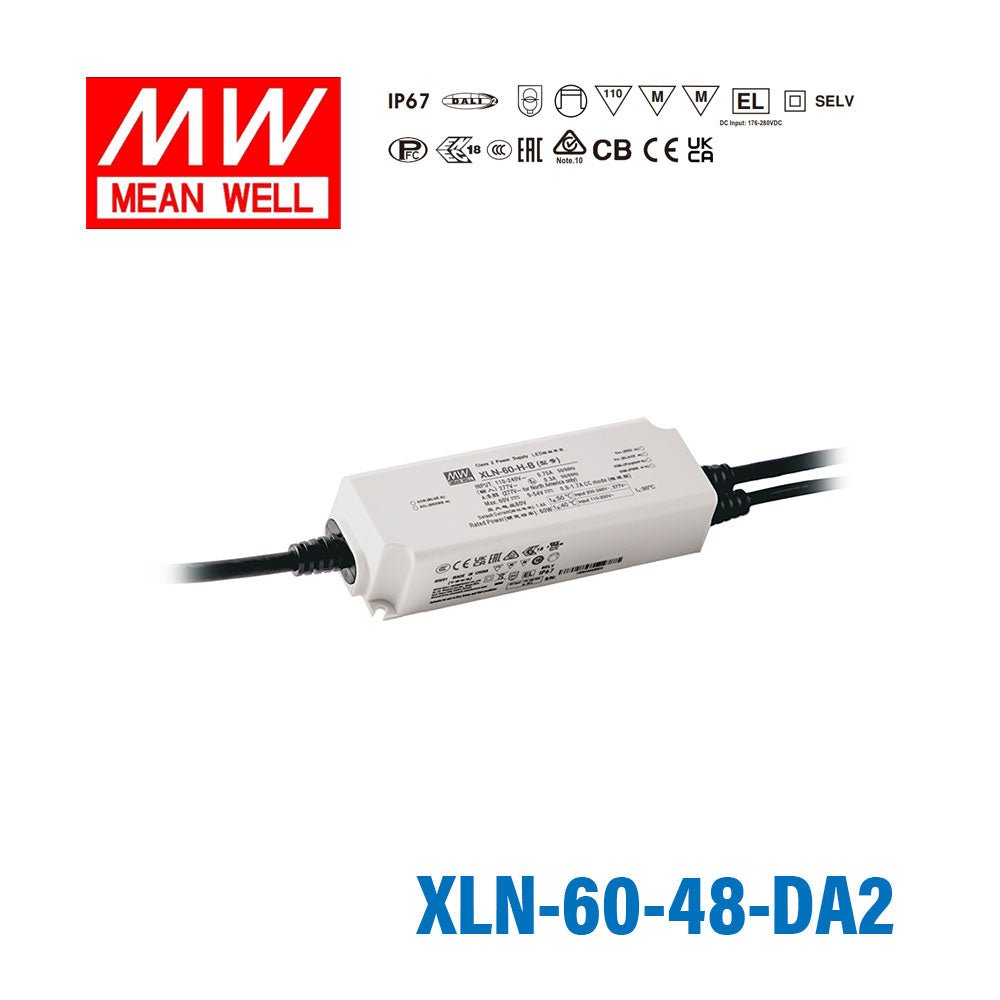 Mean Well XLN-60-48-DA2 LED Driver 60W 48V IP67, DALI2 + Push Dimming 1.25A - XLN-60-48-DA2 - powersupplymall.com