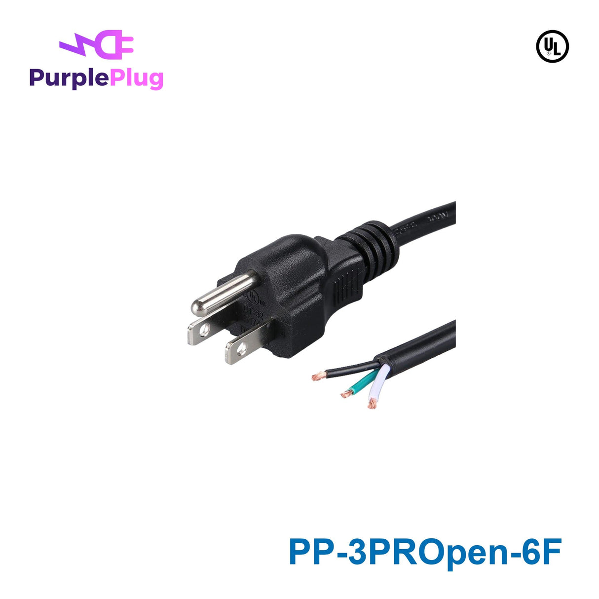 Purple Plug 3 Prong NEMA 5 - 15P Open End Power Cord - 6FT, Copper, 18AWG, 125V 10A, SVT Wire - PP-3PROpen-6F - powersupplymall.com