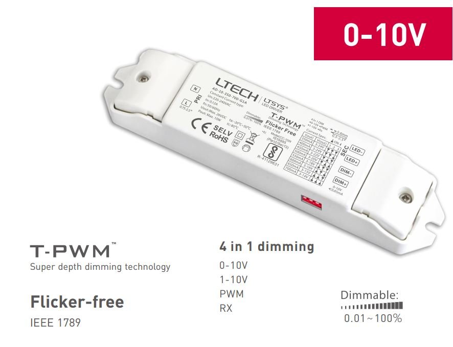 LTECH AD-10-100-400-G1A 10W 100 ~ 400mA CC 0/1-10V LED Driver - Selectable Output - AD-10-100-400-G1A - powersupplymall.com