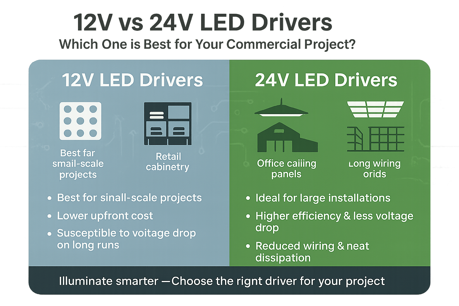 12V vs 24V LED Drivers: Which One Is Best for Your Commercial Project? - powersupplymall.com