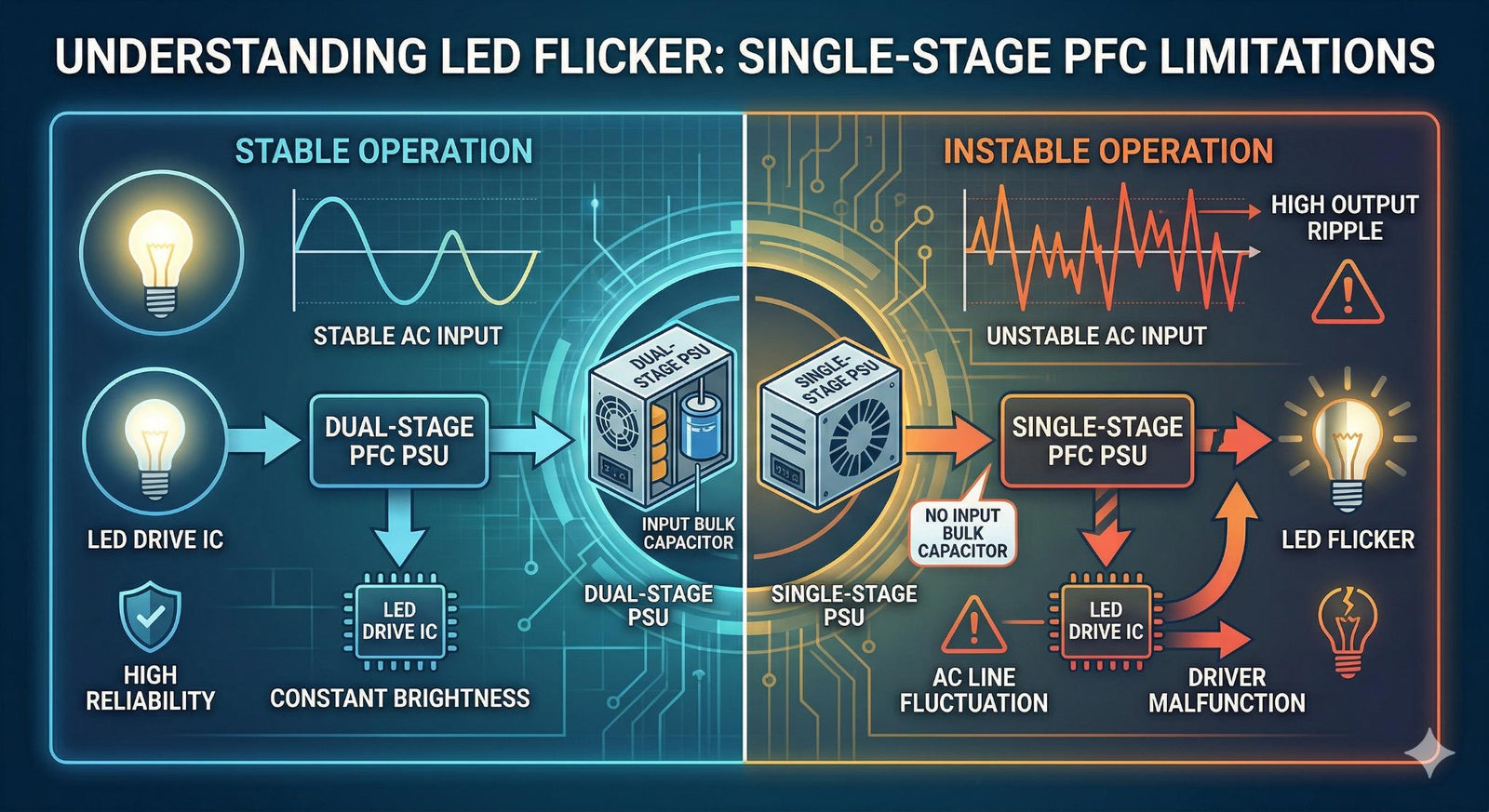 Why Do Your LEDs Flicker? Understanding Single-Stage PFC Limitations - powersupplymall.com