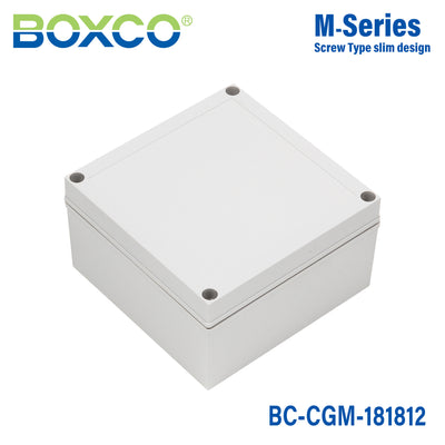 Boxco M-Series 7.09 x 7.09 x 4.92 Inches(180 x 180 x 125mm) Plastic Enclosure, IP67, IK08, PC, Grey Cover, Screw Type