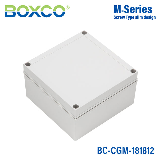 Boxco M-Series 7.09 x 7.09 x 4.92 Inches(180 x 180 x 125mm) Plastic Enclosure, IP67, IK08, PC, Grey Cover, Screw Type