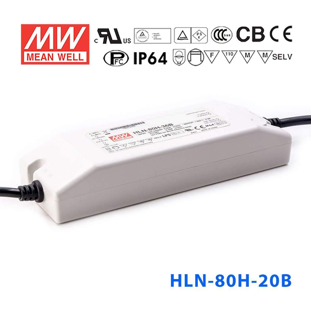 Mean Well HLN-80H-20B Power Supply 80W 20V - IP64, Dimmable